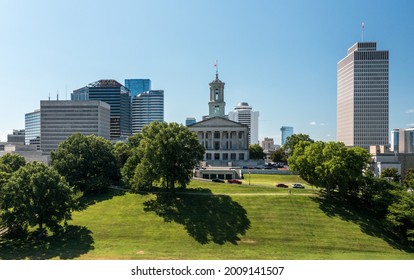 Nashville, Tennessee - 28 June 2021: Aerial Drone View Of The Tennessee State Capitol Building In Nashville With The Business District