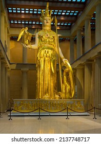 Nashville, Tennessee - 28 June 2021: 42ft statue to greek goddess Athena inside the Parthenon in Nashville Tennessee