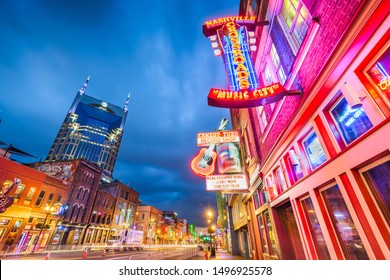 NASHVILLE, TENNESSEE - AUGUST 20, 2018: Honky-tonks on Lower Broadway. The district is famous for the numerous country music entertainment establishments. 