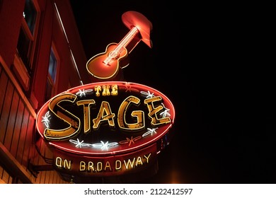 Nashville, Tennessee - January 11, 2022: Neon Sign For The Stage On Broadway Street, A Bar And Venue For Live Country Music