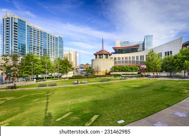 NASHVILLE, TENNESSEE - JUNE 14, 2013: Country Music Hall Of Fame Viewed From Music City Walk Of Fame Park. 