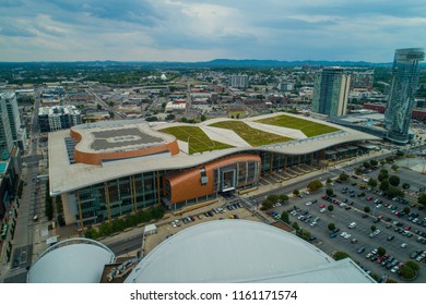 NASHVILLE, TENNESSEE, USA - AUGUST 1, 2018: Aerial Drone Shot Of Nashville Music City Center