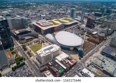 NASHVILLE, TENNESSEE, USA - AUGUST 1, 2018: Aerial Drone Image Of The Nashville Music City Center Tennessee USA