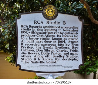 Nashville, TN - Sep. 19, 2017: Marker Describes History Of RCA Studio B, Once The Recording Home Of Popular Music Titans Such As Elvis Presley, Chet Atkins, Eddy Arnold, The Everly Brothers, Etc.