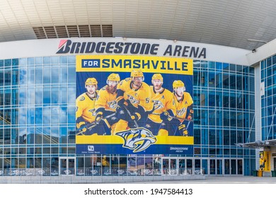 NASHVILLE, TN, USA - APRIL 28, 2021: The Bridgestone Arena Is Home To The Nashville Predators, Located In The Downtown Nashville. The Venue Holds Hockey Games, Concerts, And Other Events.