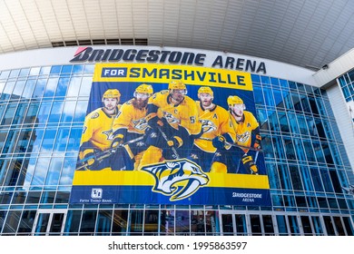 NASHVILLE, TN, USA - APRIL 28, 2021: The Bridgestone Arena Is Home To The Nashville Predators, Located In The Downtown Nashville. The Venue Holds Hockey Games, Concerts, And Other Events.