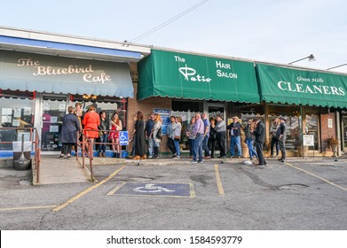 NASHVILLE, TN, USA - MARCH 24, 2019: People Queue Outside World Famous Bluebird Cafe. This Music Club Opened In 1982 And Features Acoustic Music By Its Composers.