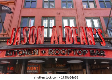 NASHVILLE, TN, USA - MARCH 28, 2021: Jason Aldean's Kitchen And Rooftop Bar Is The Country Music Singer's Club On Broadway Street In Downtown Nashville With Food, Liquor, And Four Levels For Guests.