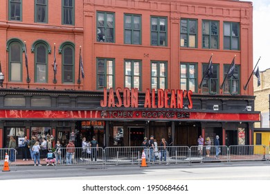 NASHVILLE, TN, USA - MARCH 28, 2021: Jason Aldean's Kitchen And Rooftop Bar Is The Country Music Singer's Club On Broadway Street In Downtown Nashville With Food, Liquor, And Four Levels For Guests.