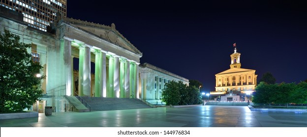 Nashville War Memorial Auditorium And Tennessee State Capitol In Nashville, Tennessee, USA.