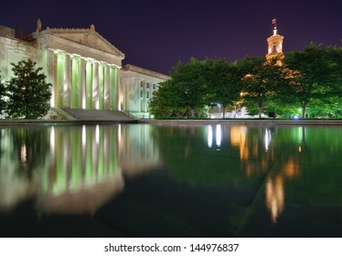 Nashville War Memorial Auditorium And Tennessee State Capitol In Nashville, Tennessee, USA.