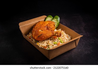 Nasi Goreng Ayam, Fried Rice With Fried Chicken In Disposable Eco Friendly Food Packaging, Disposable Kraft Paper Boxes
