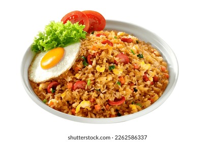 Nasi Goreng - Indonesian Chicken Fried Rice on White plate
