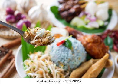 Nasi Kerabu, Famous Malaysian Malay Rice Dish. Traditional East Coast Blue Rice. Popular In States Such As Terengganu Or Kelantan . Malaysia Food, Asian Cuisine.