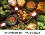Nasi Tutug Oncom. Traditional Sundanese meal of rice mixed with fermented soybean; accompanied with fried chicken, tempeh, tofu, salted fish, vegetables dishes, chili paste and crackers.