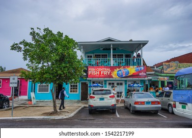 Nassau, Bahama - September 21/2019:  Views Of Arawak Cay Fish Fry Village,of Hand Painted Colorful Structures Providing Caribben Fish Food And Drinks Along The Beach Shore.