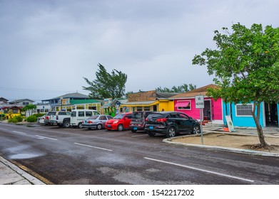 Nassau, Bahama - September 21/2019:  Views Of Arawak Cay Fish Fry Village,of Hand Painted Colorful Structures Providing Caribben Fish Food And Drinks Along The Beach Shore.