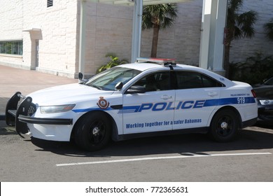 NASSAU, BAHAMAS - DECEMBER 3, 2017: Royal Bahamas Police Force Car Provides Security At The Lynden Pindling International Airport Terminal In Nassau, Bahamas.  