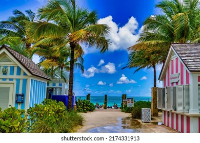 Nassau, Bahamas, July 1, 2021: Cabanas Leading Down To The Beach