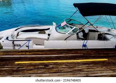 Nassau, Bahamas-June 26, 2022: Motor Boat Tied Up At The Dock