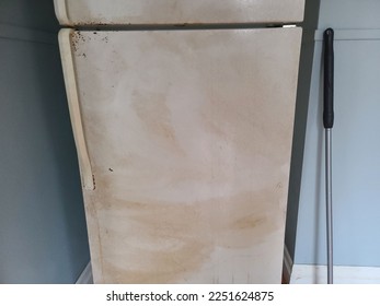 A nasty looking fridge door with lots of stains on it.