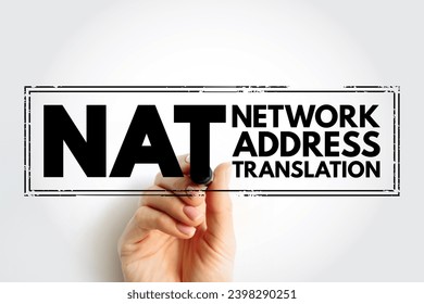 NAT Network Address Translation - method of mapping an IP address space into another by modifying network address information, acronym text stamp