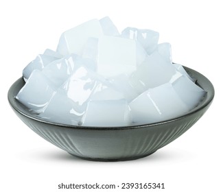 Nata de coco or coconut gel in a black bowl isolated on white background