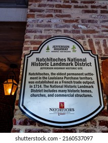 Natchitoches, LA - Oct. 22, 2021: Jefferson Highway Historic Site sign in the National Historic Landmark District. Natchitoches is the oldest permanent settlement in the Louisiana Purchase Territory.