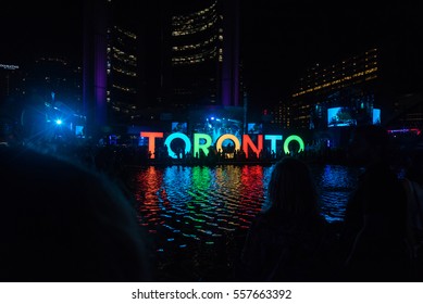 Nathan Phillips Square At Night During Winter Time. Toronto