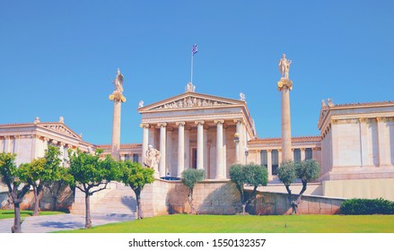 National Academy Of Ancient Athens Neoclassical Building, Plato, Socrates, Athena And Apollo Statues. Greek Academy Of Athens Greek Philosophy. Landmark In Historic Center Of Attica, Greece, Europe