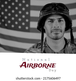 National airborne day text banner and caucasian male soldier in uniform against american flag. National airborne day awareness concept - Powered by Shutterstock