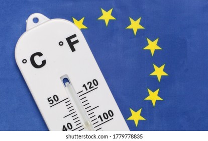 National Ambient Temperature Control. Weather thermometer on background of Euro Union flag. Global warming concept - Shutterstock ID 1779778835