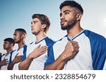 National anthem, football team and listening before competition, game or match. Soccer, song and sports players together with pride, group collaboration and serious for contest, exercise or workout