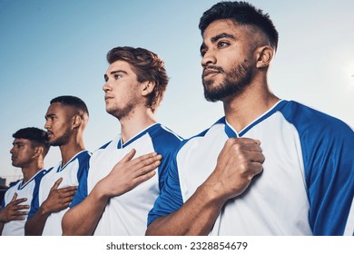 National anthem, football team and listening before competition, game or match. Soccer, song and sports players together with pride, group collaboration and serious for contest, exercise or workout - Powered by Shutterstock