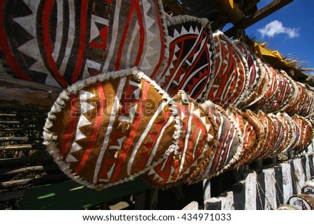 National attributes Masai warriors. Tradition hand made for sale at market in Kenya. Africa.