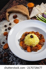 National Azerbaijani cuisine  Rise plov with dried fruits high quality photo taken in the studio with a Hasselblad camera