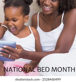 National bed month text against african american mother and daughter using digital tablet in the bed. national bed month awareness concept - Powered by Shutterstock