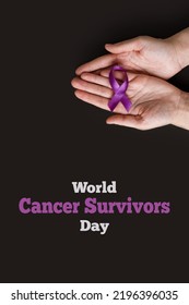 National Cancer Survivors Day. Adult Hands Holding Purple Ribbon On Black Background. Alzheimer's Disease, Pancreatic Cancer, Epilepsy, Hodgkin's Lymphoma Awareness. Vertical