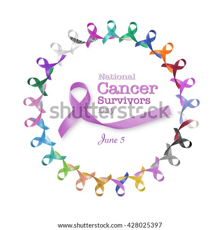 National cancer survivors day, June 5 with multi-color and lavender purple ribbons raising awareness of all kind tumors 