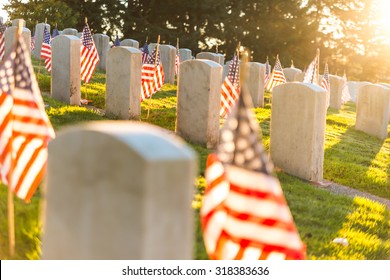 National Cemetery With A Flag On  Memorial Day In Washington,Usa. 