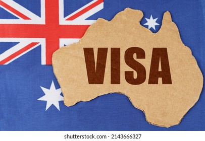 National concept of Australia. On the flag of Australia lies the contour of the map of the country with the inscription - VISA - Shutterstock ID 2143666327