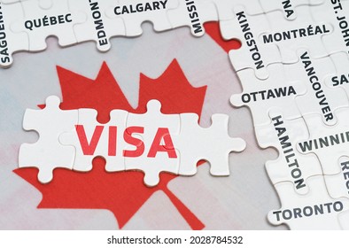 National concept. The flag of Canada features city name jigsaw puzzles and jigsaw puzzles with the words - Visa - Shutterstock ID 2028784532