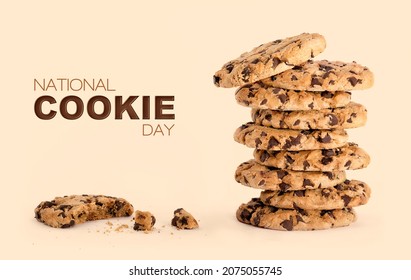 National Cookie Day poster with yummy freshly chocolate chip cookies over beige background