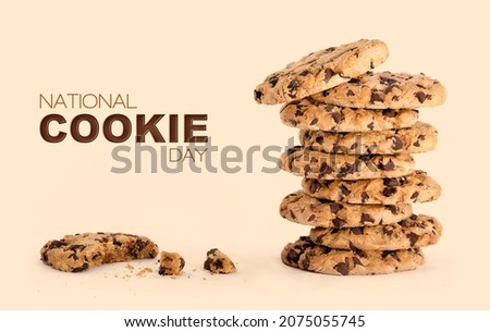 National Cookie Day poster with yummy freshly chocolate chip cookies over beige background