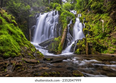 National creek splits around a basalt outcropping and flows into a grotto at National Creek Falls in the Rogue River-Siskiyou National Forest just West of Crater Lake in Oregon. - Powered by Shutterstock