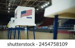 National Election Day in the United States of America. Voting booths with American flag logo at polling station. Political races of US presidential candidates. Concept of civic duty and democracy.