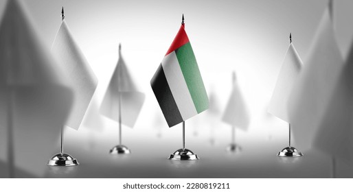 The national flag of the Arab Emirates surrounded by white flags. - Shutterstock ID 2280819211