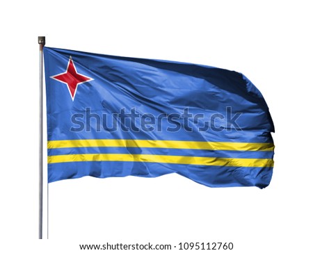 National flag of Aruba on a flagpole, isolated on white background