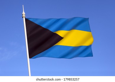 The national flag of The Bahamas, an archipelago of islands in the Caribbean.  The islands were a British colony from the 18th century until they gained independence within the Commonwealth in 1973. 