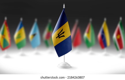 The national flag of the Barbados on the background of flags of other countries